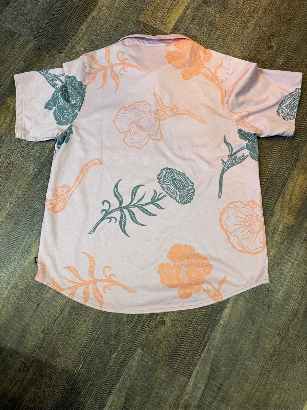 Nike Pink Floral Short-Sleeve Polo with Green and Peach Blooms